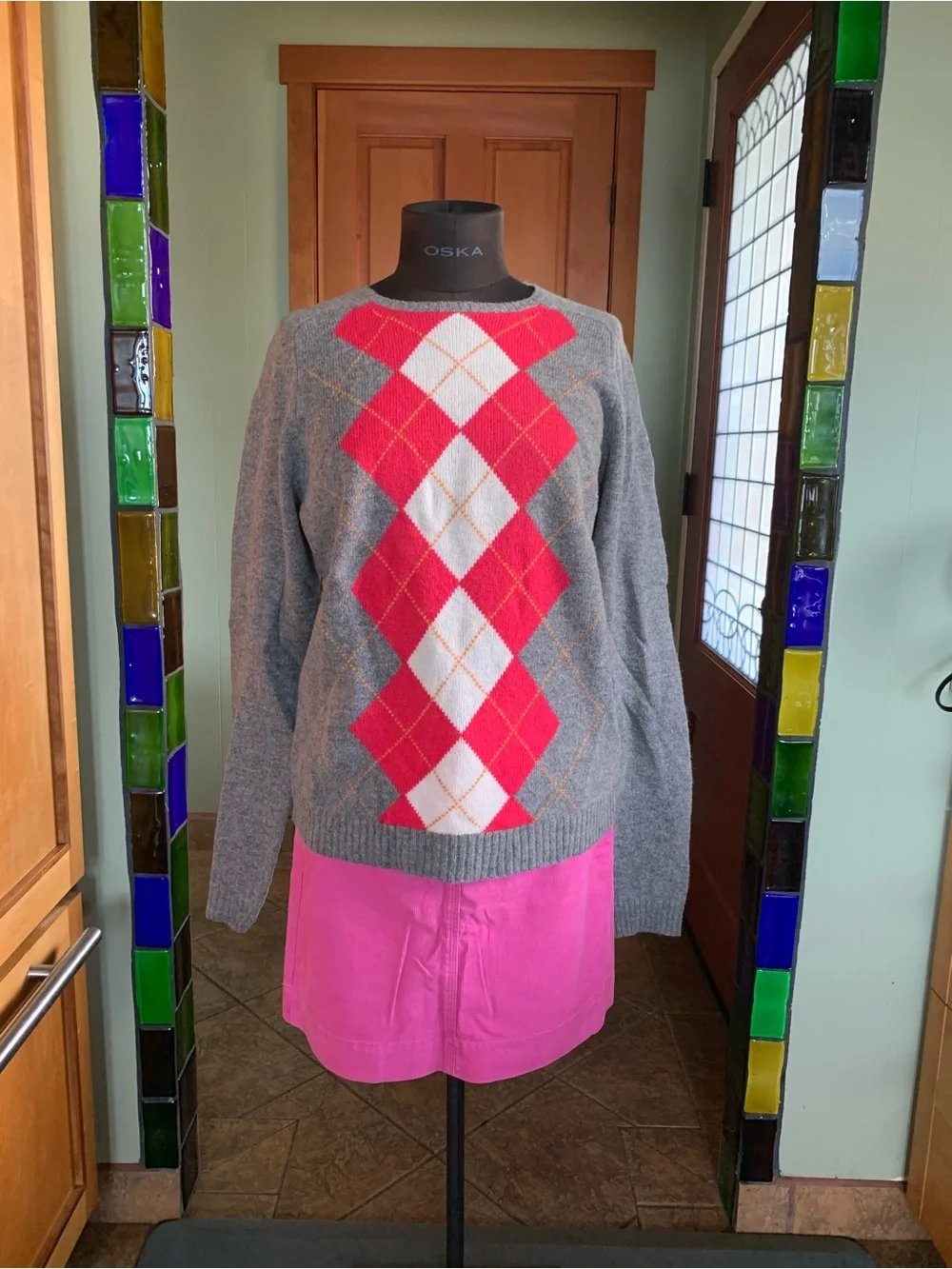 J CREW 100% LAMBS WOOL ARGYLE PULLOVER SWEATER NWT XL Women's Gray  Pink Diamond